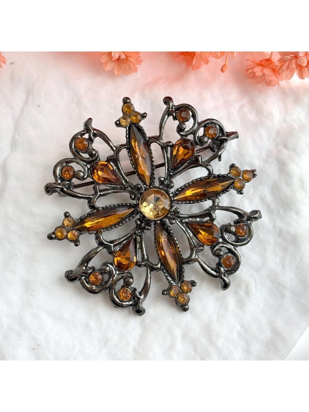 Faux Amber Gemstone Snowflake Victorian Silver T 80's Vintage Costume Brooch